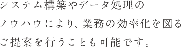 システム構築やデータ処理のノウハウにより、業務の効率化を図るご提案を行うことも可能です。